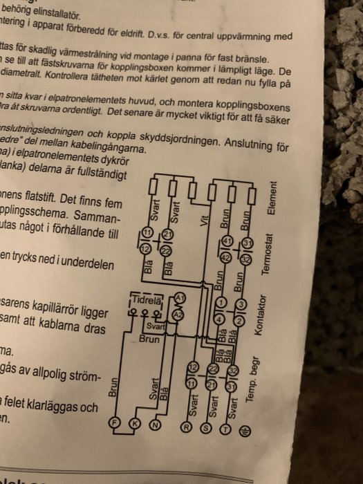 Elektriskt kopplingsschema för uppvärmningssystem med textinstruktioner och ledningar märkta med färger och anslutningar.