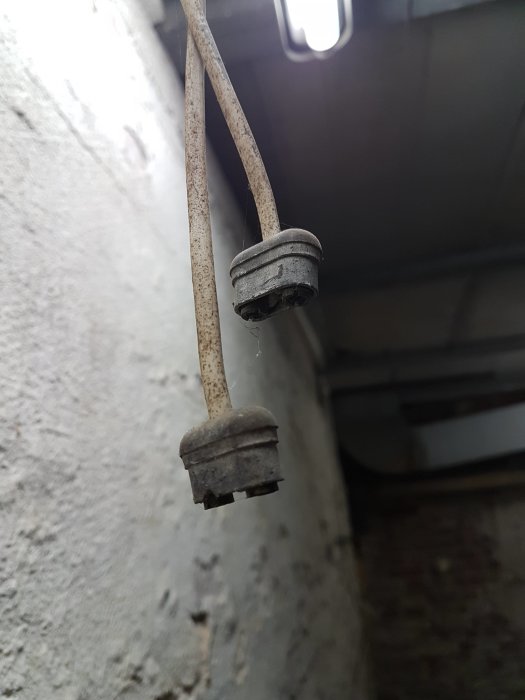 Ett gammalt och dammigt elektriskt uttag hänger från en ledning i ett källarutrymme nära en lysrörsarmatur.