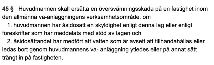 En texturtagning från lagen om allmänna vattentjänster angående ersättning vid översvämningsskada.