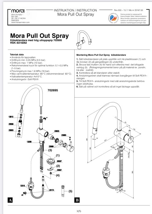 Monteringsanvisning för Mora Pull Out Spray köksblandare med detaljerade illustrationer av delar och steg-för-steg instruktioner.
