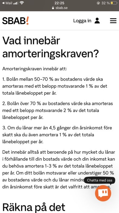 Skärmdump som visar information om amorteringskrav på en bankwebbplats.