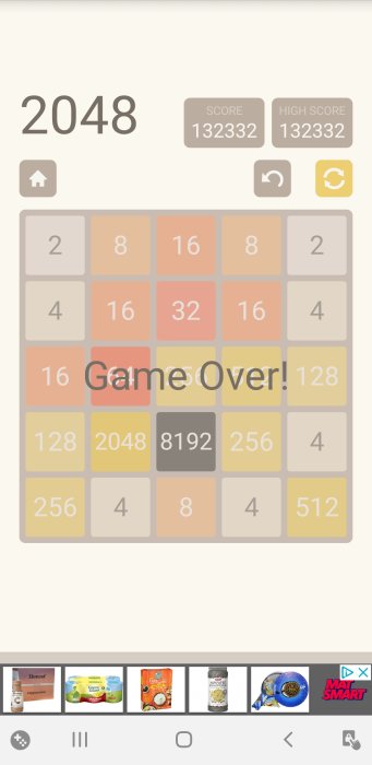 Skärmbild av 2048 spelet visar en uppfylld spelplan och "Game Over" text, med poängen 13232.