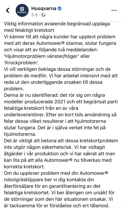 Skärmdump från Husqvarna Facebook-inlägg om begränsad upplaga Automowers med felaktiga kretskort.