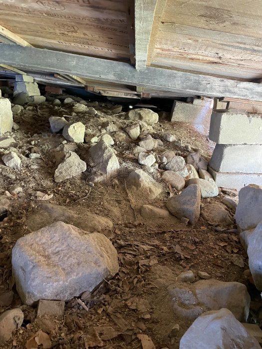 En otillräckligt konstruerad plintgrund under ett hus, med ojämna betongblock och stenar på marken.