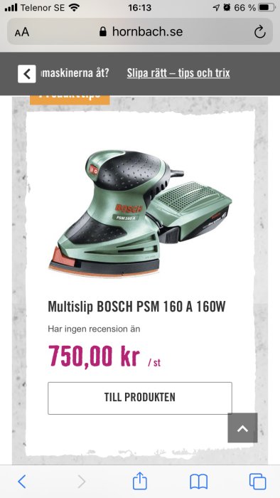Bosch Multislip PSM 160 A 160W, grönt och svart, visas på en produktannons med pris.