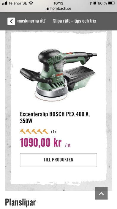 Excenterslip från BOSCH PEX 400 A visas på en webbsida med prisinformation.