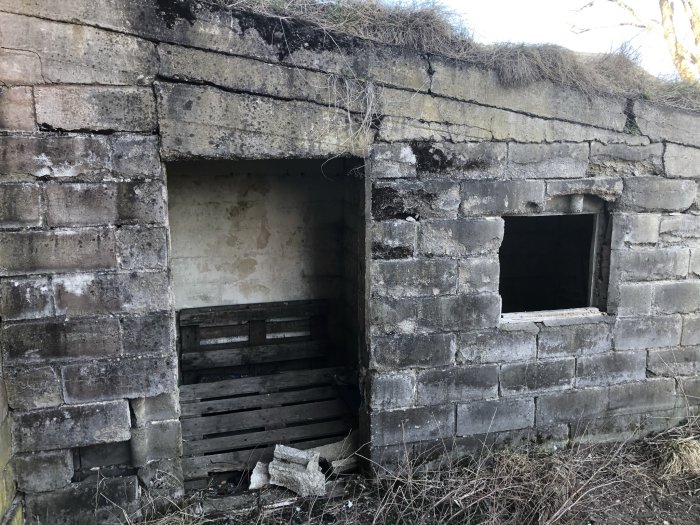 Förfallen vägg på ladugård med skadat fönster- och dörrhål redo för renovering.