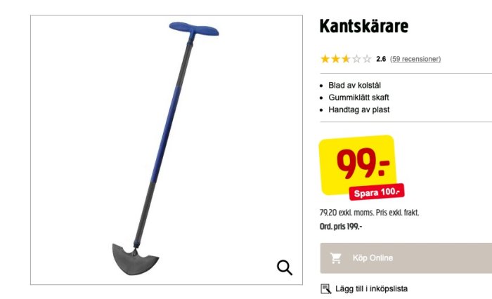 Kantskärare med blått handtag och grått blad mot vit bakgrund, med prisetikett som visar 99 kronor.