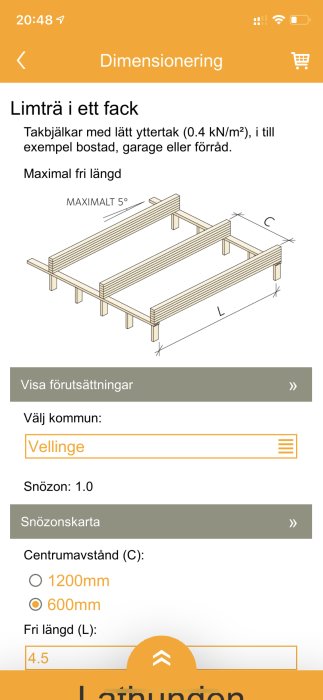 Skärmdump av en lathund för dimensionering av limträ med anvisningar och inställningar för takbjälkars maximala spännvidd.