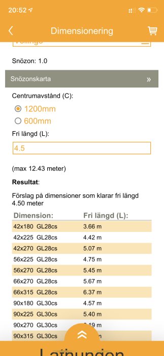 Skärmbild av en dimensioneringsguide för balkar med olika storlekar och deras max spännvidder.