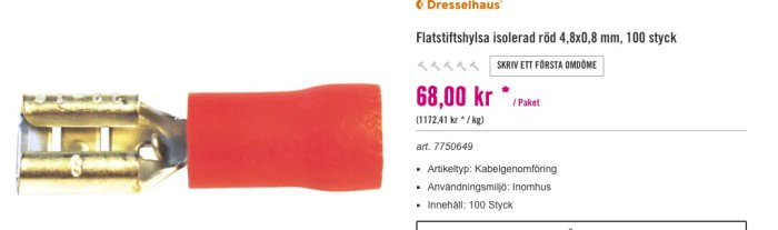 Isolerad flatstiftshylsa i röd med dimensioner 4,8x0,8 mm, 100 pack, prisinformation.