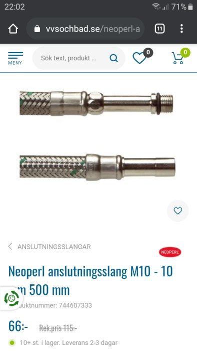 Pexslang med klämmring och gängad metallanslutning, skärmdump från VVS-butik.