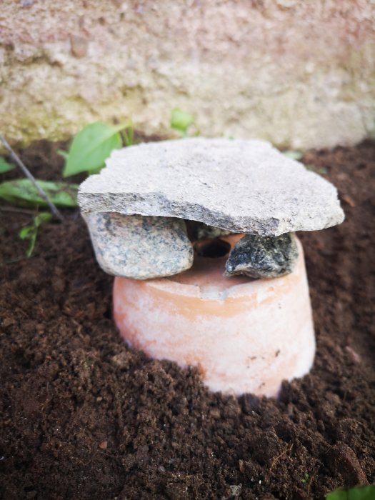 Ett hemmagjort humlebo av en upp-och-nervänd tegelkruka med torrt gräs och en bit återvunnen cement som tak.