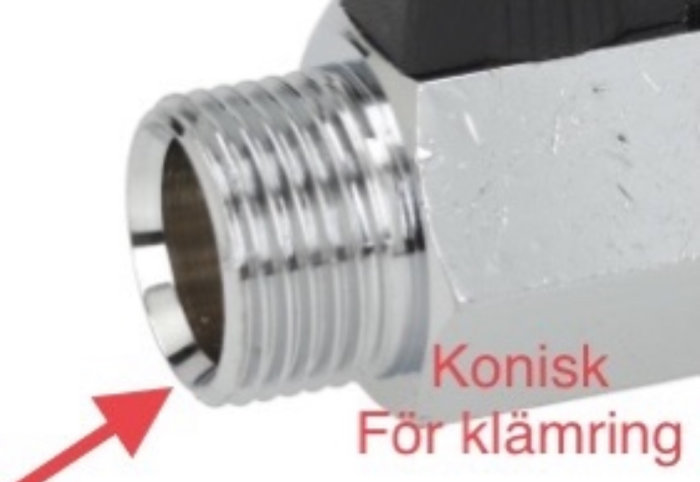 Närbild på konisk kulventilände för klämring med beskrivande texter.