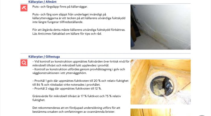 Besiktningsbilder som visar puts- och färgsläpp på källarvägg samt fuktskador vid ett golvbrunn i en gillestuga.