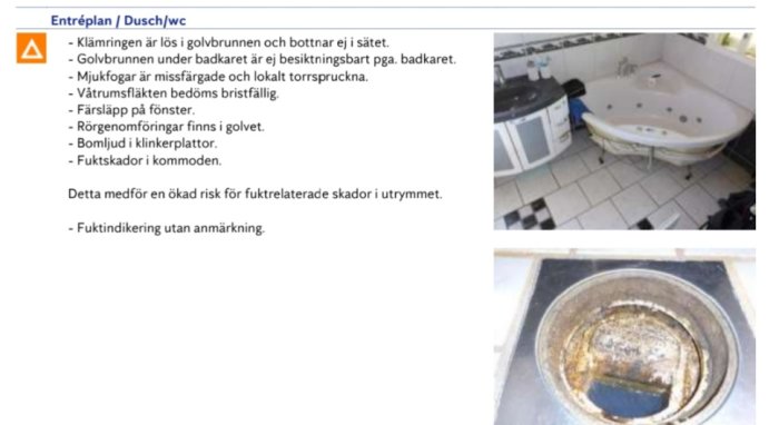 Bilden visar ett badrum med badkar och handfat samt en närbild på en missfärgad och smutsig golvbrunn.