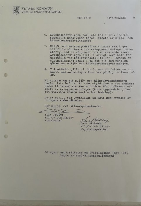 Officiellt dokument från Ystads kommun angående avloppsanläggning och tillstånd, daterat 1992.