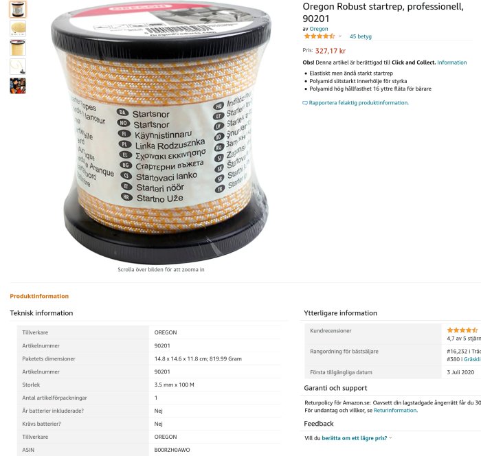 Rulle med orange och vit startsnöre för motorsågar och andra maskiner.