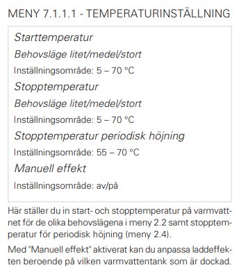 Skärmdump av en handbok med instruktioner för temperaturinställning av värmepump, inkluderar olika inställningsområden.