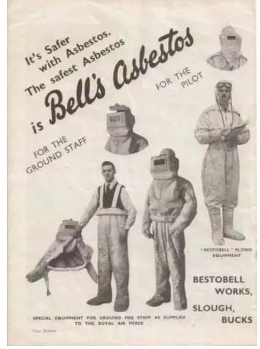 Gammal reklam för Bell's Asbestos med bilder på människor i skyddskläder mot asbest.