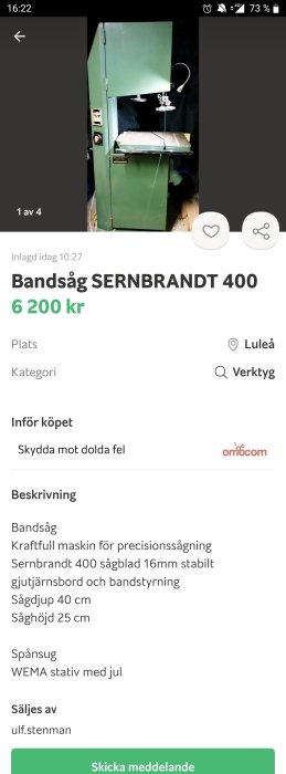 Grön bandsåg Sernbrandt 400 med bord och justerbart sågblad i verkstadsomgivning.