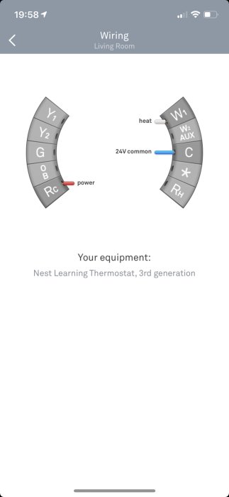 Skärmdump av en app som visar kopplingsschemat för en Nest Learning Thermostat, 3:e generationen.