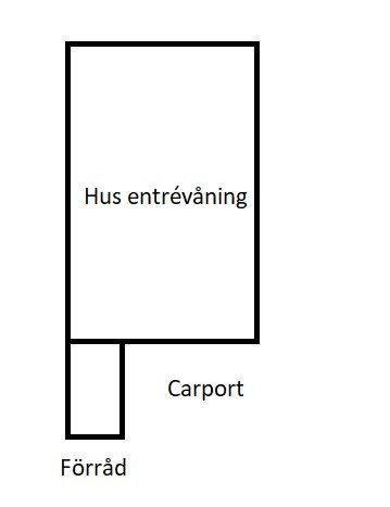 Skiss över ett hus med entrévåning, förrådsutbyggnad och carport, markerade som separata delar.