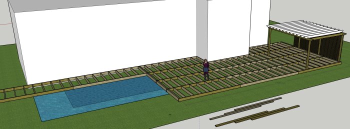 3D-skiss av altanprojekt med trästruktur, pergola och simbassäng nära en byggnad, och en person som står på altanen.