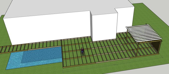 3D-modell av en planerad altan med pergola nära ett vitt hus, inkluderar pool, markering för dimensioner.