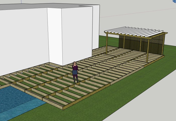 3D-modell av ett byggprojekt med en pågående altanbyggnation och pergola intill ett hus.