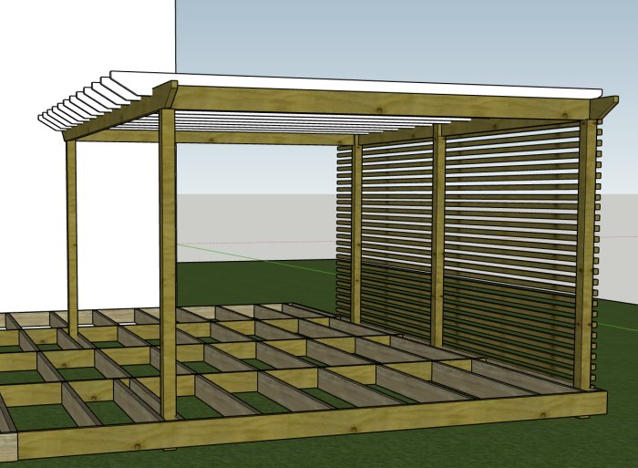 3D-modell av en altan och pergola med trästomme och horisontella spjälor.