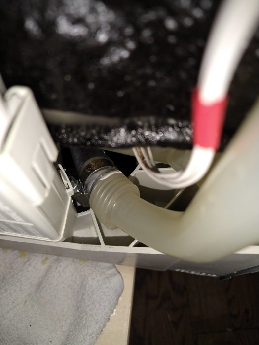 Nahaufnahme einer neuen, flexiblen 5 cm langen Schlauchverbindung an einer Miele Geschirrspülmaschine mit Schlauchklemme.