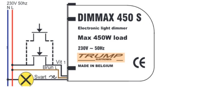 Schematisk illustration av TRUMPs DIMMAX 450 S elektronisk ljusdimmer med specifikationer för max 450W last.