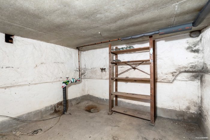 En källare med tecken på fuktskador och mögel på väggarna, tomma hyllor och avloppsrör.
