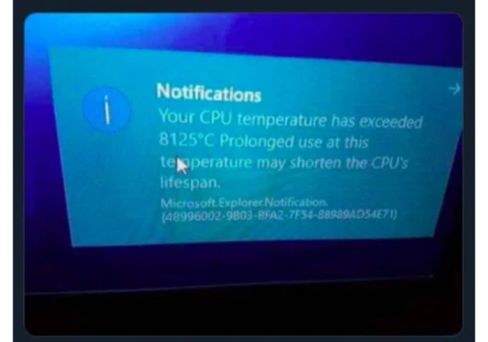 Skärmbild av dator med varningsmeddelande om hög CPU-temperatur på 8125°C.