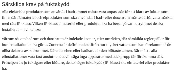 Skärmbild av en webbsida med text om särskilda krav på fuktskydd för elinstallation i våtutrymmen.