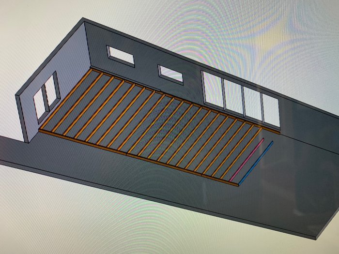 3D-illustration av en upphöjd bjälklagstruktur i perspektiv för altankonstruktion.