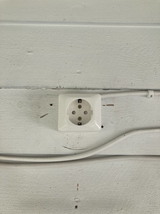 Eluttag på vit trävägg med kabel som löper längs med panelen.