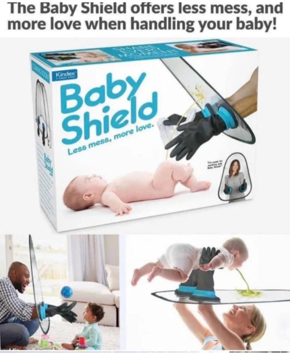 Skämtbild av en produkt kallad 'Baby Shield', en falsk produkt för att hålla bebisar rena med bild på förpackning och personer som använder den.