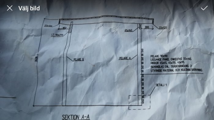 Ritning av en sektion för ett cykelskjul med mått och materialspecifikationer.