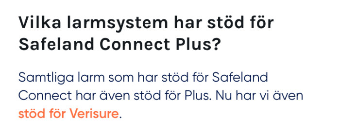Text om kompatibla larminstallationer för Safeland Connect Plus och även för Verisure.