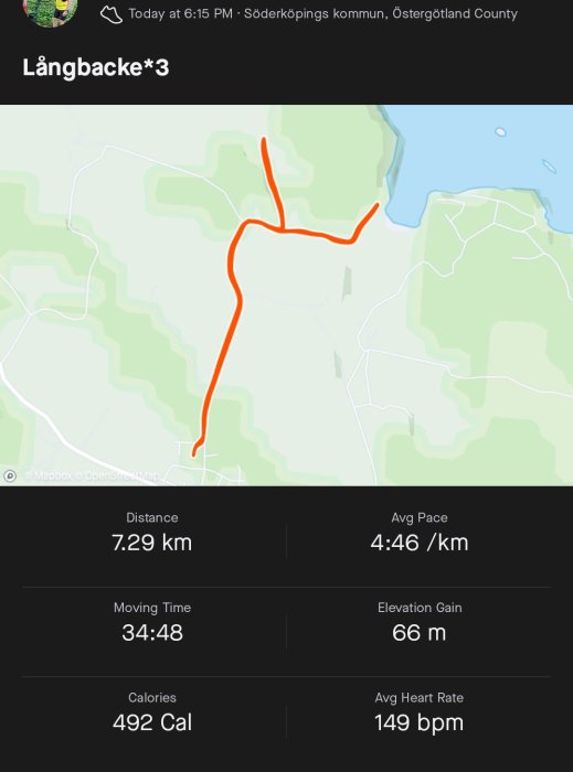 Karta med löprunda markerad i orange, visar distans 7.29 km, tid 34:48, och statistik som tempo och kaloriförbrukning.