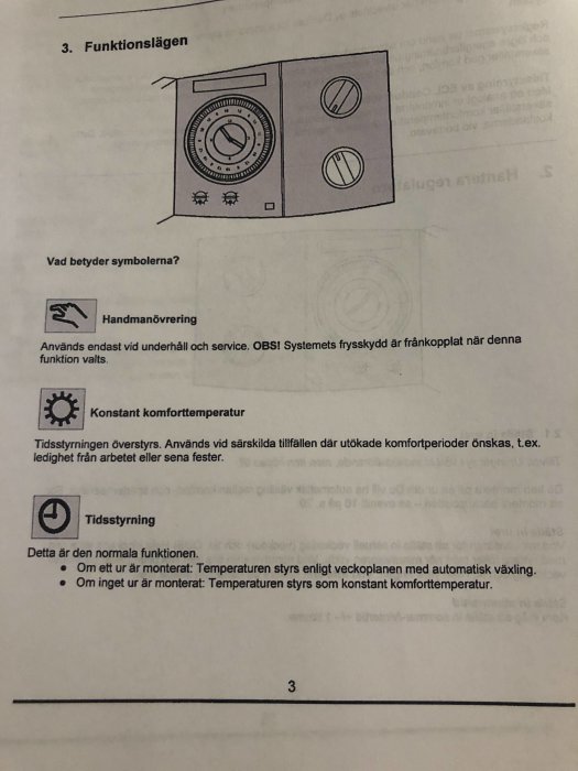 Illustration av en termostat med inställningsrattar och funktionsbeskrivningar på svenska.