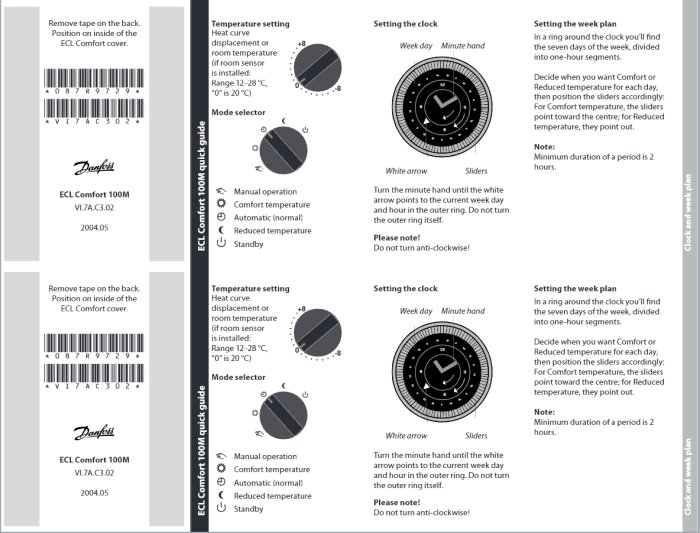 Instruktionsmanual för Danfoss ECL Comfort 100M-regulator med text och diagram över inställningar.