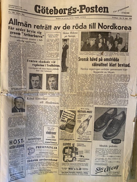 Föråldrade tidningssidor från Göteborgs-Posten och Falukuriren, daterade den 29 september 1950, med artiklar och reklam.