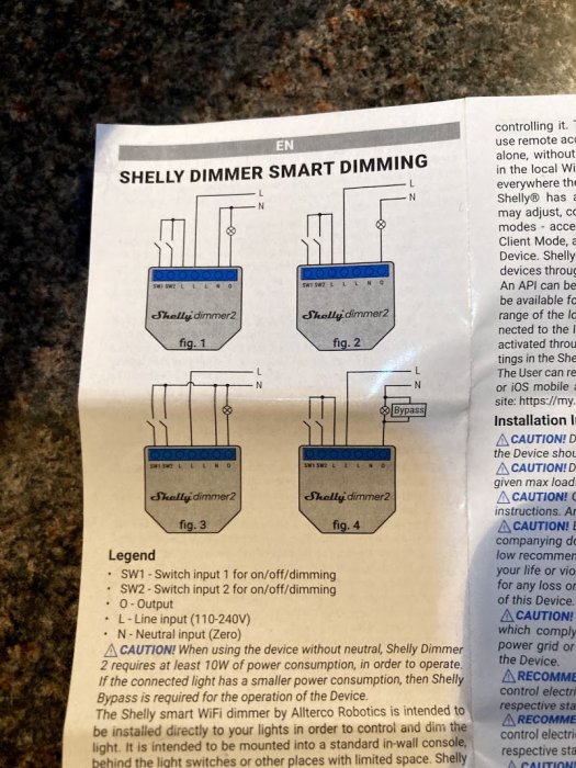 En bild av ett kopplingsschema för Shelly Dimmer Smart Dimming med fyra olika anslutningsdiagram och en förklarande legend.