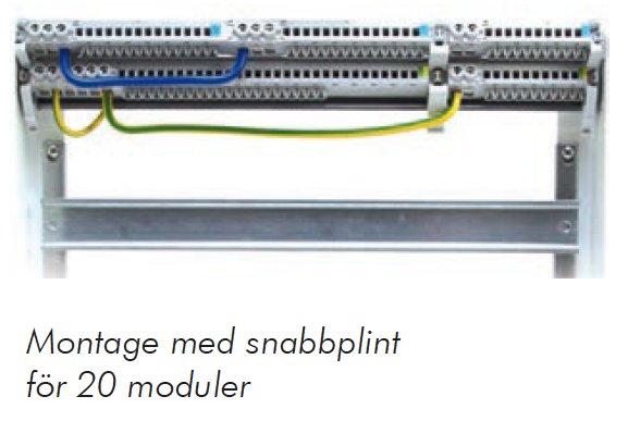 Elcentral med snabbplint för 20 moduler och flera nollanslutningar.