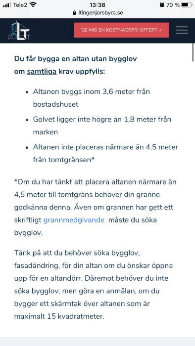 Skärmavbildning av en webbsida med regler för att bygga altan utan bygglov.