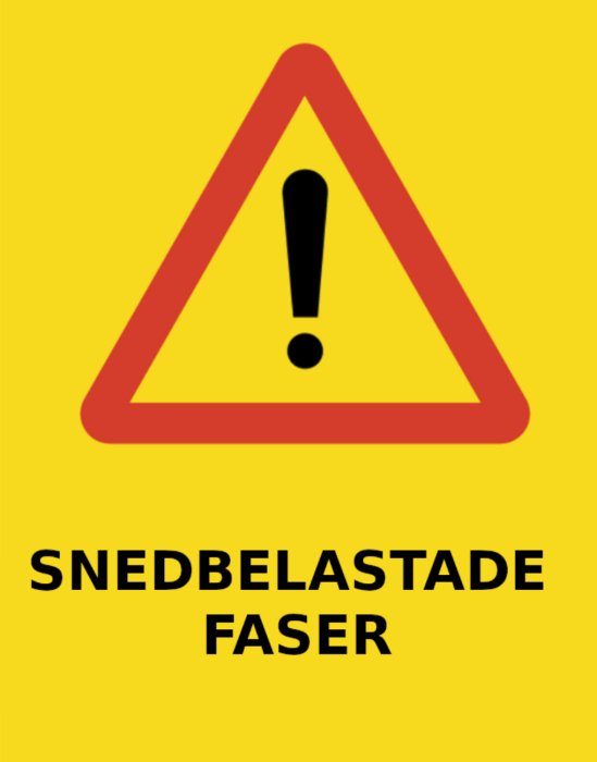 Varningsskylt med utropstecken och texten "SNEDBELASTADE FASER" på gul bakgrund.