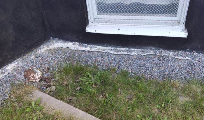 Grus längst en byggnads sockel med gräs och trottoarkant synlig, nära ett fönster med galler.